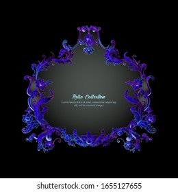 Border, frame, label In baroque, rococo, victorian, renaissance style. Trendy frolar vintage pattern in neon, fluorescent colors. Vector illustration