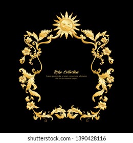 Border, frame, label In baroque, rococo, victorian, renaissance style. Trendy frolar vintage pattern.  In gold and black

