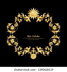 Border, frame, label In baroque, rococo, victorian, renaissance style. Trendy frolar vintage pattern.  In gold and black

