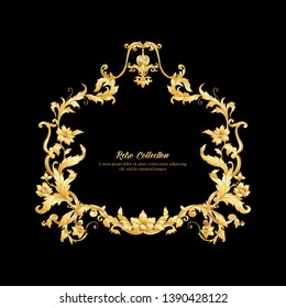 Border, frame, label In baroque, rococo, victorian, renaissance style. Trendy frolar vintage pattern.  In gold and black

