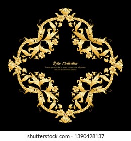 Border, frame, label In baroque, rococo, victorian, renaissance style. Trendy frolar vintage pattern.  In gold and black

