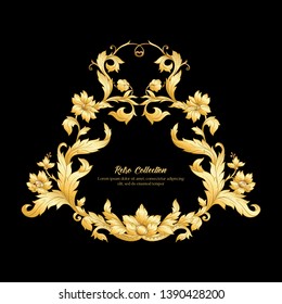 Border, frame, label In baroque, rococo, victorian, renaissance style. Trendy frolar vintage pattern.  In gold and black

