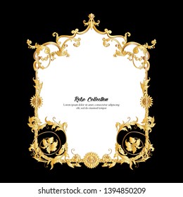 Border, frame, label In baroque, rococo, victorian, renaissance style. Trendy frolar vintage pattern.  In gold and black

