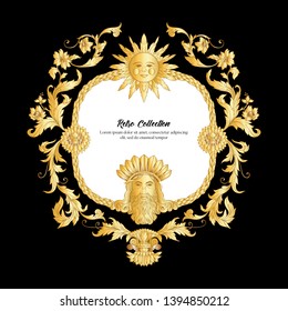 Border, frame, label In baroque, rococo, victorian, renaissance style. Trendy frolar vintage pattern.  In gold and black

