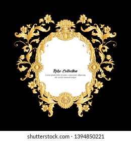 Border, frame, label In baroque, rococo, victorian, renaissance style. Trendy frolar vintage pattern.  In gold and black

