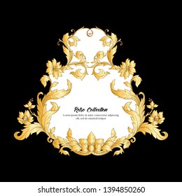 Border, frame, label In baroque, rococo, victorian, renaissance style. Trendy frolar vintage pattern.  In gold and black

