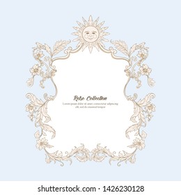 Border, frame, label In baroque, rococo, victorian, renaissance style. Trendy frolar vintage pattern.  In vintage blue and beige colors.