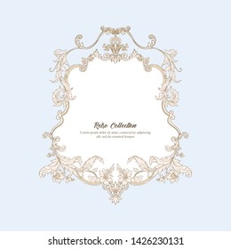 Border, frame, label In baroque, rococo, victorian, renaissance style. Trendy frolar vintage pattern.  In vintage blue and beige colors.