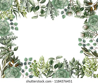 Border and frame with leaves and succulent  in watercolor style. Eucalyptus, magnolia, fern and other