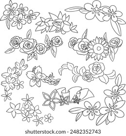 Border and frame line vector design with flowers. Floral ornament and  flowers, ribbon and leaves, vintage sketches