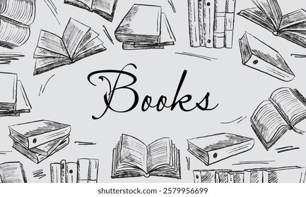 Border frame logo for books store, library on grey background in brush stroke texture. Hand drawn vector sketch illustration in vintage charcoal ink style. Opened books, school, studying