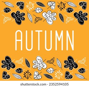 Border Frame Made of Hand Drawn Autumn Black and White Leaves on Yellow Background