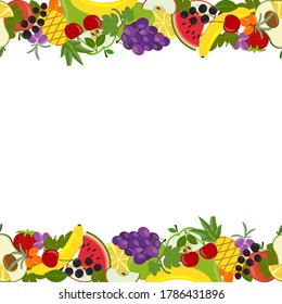 marco de borde hecho de frutos útiles multicolor, ilustración de vector de color sobre un fondo blanco, diseño, decoración