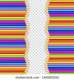 Border Frame Made of Vertical Rows Colored Wooden Pencils Isolated on Transparent Background. Back to School Bordering Template, Banner With Empty Copy Space for Text Cartoon Vector Illustration.