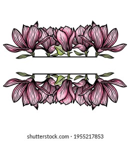 Border, frame of magnolia flowers, blooming flowers silhouette. Spring, floral design for cards, invitations, packaging