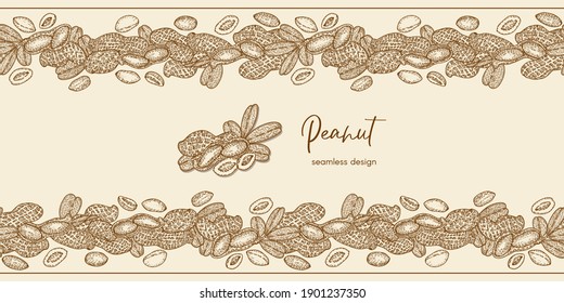 Border frame with Peanut, nuts and leaves. Graphic hand drawn engraving style. Botanical illustration for packaging, menu cards, posters, prints.