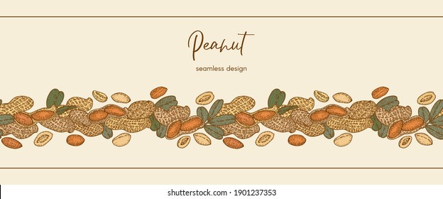 Border frame with Peanut, nuts and leaves. Graphic hand drawn engraving style. Botanical illustration for packaging, menu cards, posters, prints.