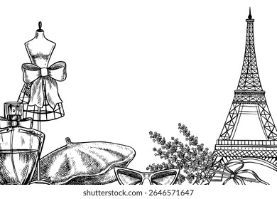Moldura de fronteira com uma imagem da moda parisiense. Vetor preto e branco, ilustração gráfica, desenhado à mão. Garrafa de perfume, lavanda, manequim feminino, boina, óculos de sol e a Torre Eiffel.