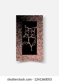 Border frame with pink gold glitter on a black background. Beautiful flower in the middle. Invitation.