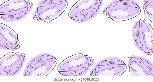 Border frame of purple seashell on a white background in flat style. Design with space for text in the center.