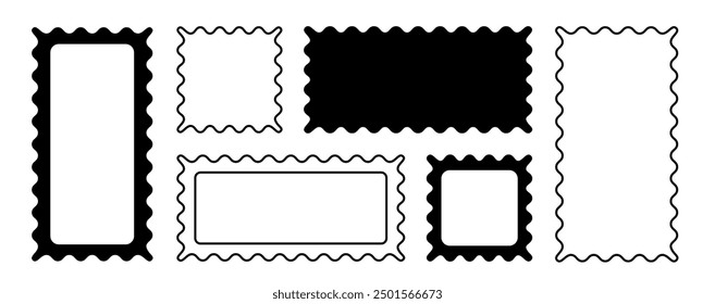 Border frame scallop edge rectangle vector shape. Wave scallop squiggle cute simple rectangle border set. Simple wavy squiggly line retro photo picture frame. Vector illustration