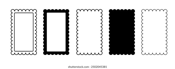 Border frame scallop edge rectangle vector shape. Wave scallop squiggle cute simple rectangle border set. Simple wavy squiggly line retro photo picture frame. Vector illustration