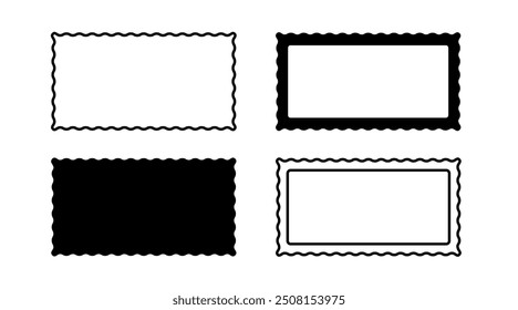 Border frame scallop edge rectangle vector shape. Wave scallop squiggle cute simple rectangle border set. Simple wavy squiggly line retro photo picture frame. Vector illustration