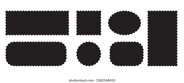 Border frame scallop edge rectangle, oval, round vector shape. Wave scallop squiggle cute simple rectangle border set. Simple wavy squiggly line retro photo picture frame. Vector illustration, eps 