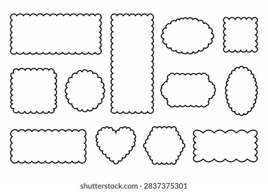 Border frame scallop edge rectangle, oval, round vector shape. Wave scallop squiggle cute simple rectangle border set. Simple wavy squiggly line retro phot VECTOR