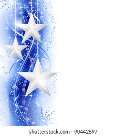 Border, Frame With Silver Stars Over A Blue Silvery Wavy Pattern Embellished With Stars And Snow Flakes. Bright And Festive For The Winter Or Christmas Season To Come.  Space For Your Text. EPS10