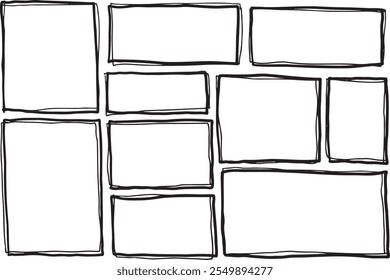 Quadro da borda. Um simples rabisco vazio com escova de rascunho. Retângulo grungy mão livre. Linha desenhada do esboço da estrutura de tópicos. Coleção quadrada de rabisco sujo preto