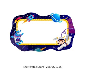 Border frame with space planets, stars and spaceship at starry galaxy, vector copy space background. Kid astronaut spaceman and cartoon alien martian in space journey adventure and galaxy exploration