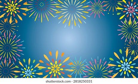 Border frame of spectacular fireworks against a gradient night sky