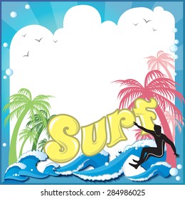 border and frame surfer silhouette on beach 