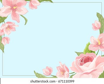 Border frame template corners decorated with pink rose magnolia sakura hellebore flowers on blue background. Horizontal landscape layout. Vector design illustration floral garland foliage element.
