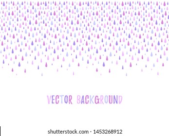 Border, frame template made of falling lilac, lavender, soft violet drops, droplets, raindrops, blobs of various size. Seamless in horizontal direction splatter, splash background, design element.