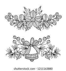 Border frame vector floral christmas doodle holiday xmas new year composition with flowers bells