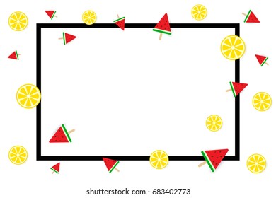Border Frame With Watermelon ice cream and lemon slice. Summer Background. Vector Illustration