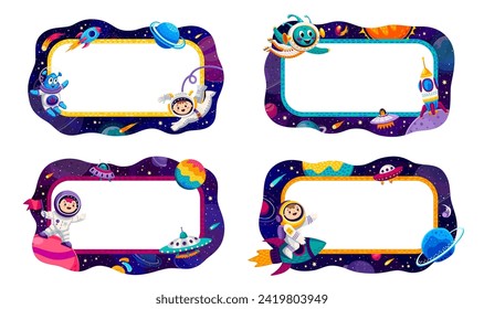 Border frames with space planets, stars, spaceships and astronauts at starry galaxy. Vector spaceman kids and aliens characters with rocket and UFO in outer space cartoon frames set, astronomy