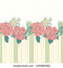 Border with french garden roses and stripes. Vector seamless background
