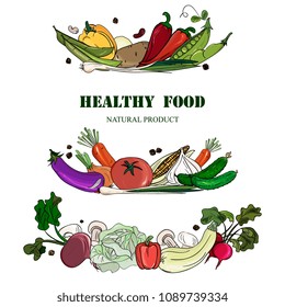 border of fresh farm vegetables. Hand drawing, vector illustration for cards, menu, banners. Carrots,cabbage,onion,garlic,pepper,tomato,cucumber,zucchini, eggplant and  Corn, mushrooms 