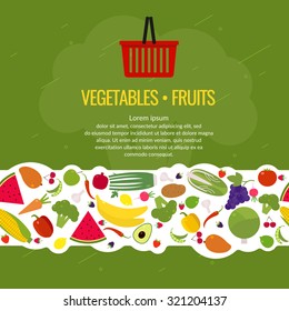 Border. Fresh vegetables and fruits. Organic food. Elements and icons for cards, illustration, poster and web design.