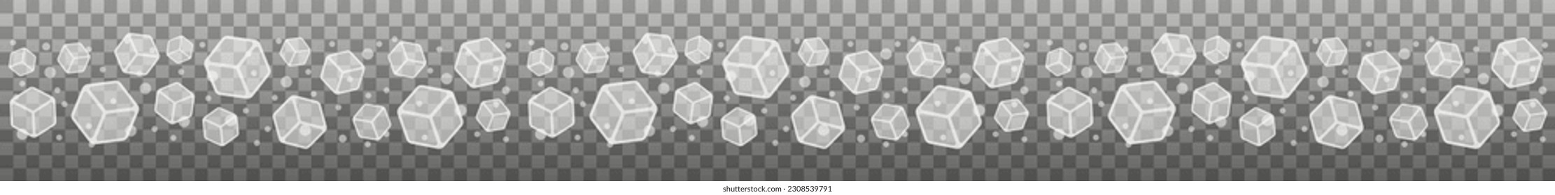 Border garland with 3d ice cubes and bubbles. Isolated vector illustration.