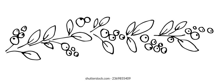 Border garland of berries and snowberry branches. Simple vector drawing with black outline. Sketch in ink.