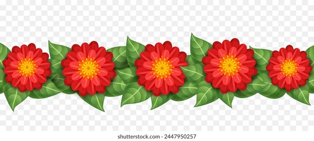 Border or garland of flowers. Vector illustration isolated on transparent background.