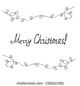 Border from garland and lettering of merry christmas in hand drawn doodle style