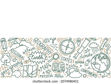 Border from geography pen doodle. School subject or scientifical project concept.