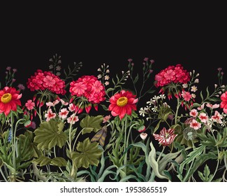 Border with geraniums and wild flowers. Trendy floral vector print