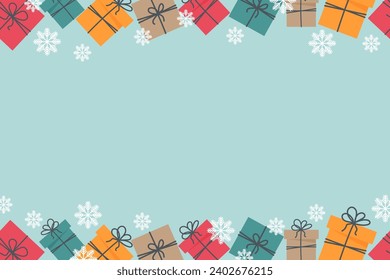 Borde con cajas de regalo y copos de nieve aislados en fondo azul. Cartel sin foco.

