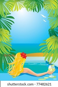 Border with girl in swimming pool with cocktail (portrait)